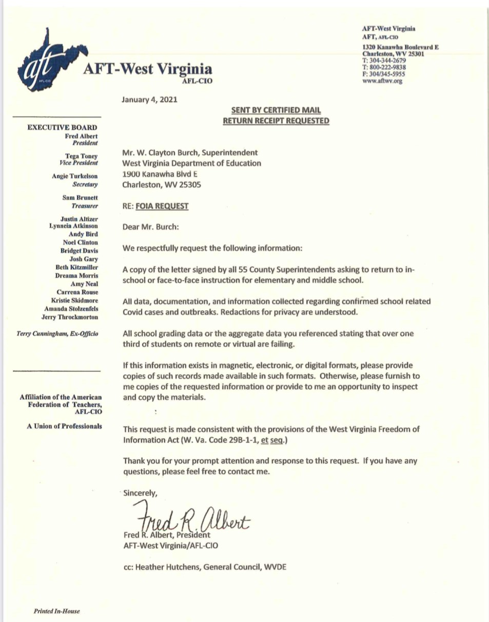 Aft Wv Follow Up Statement On Jan 19 In Person Instruction Mandate Aft West Virginia